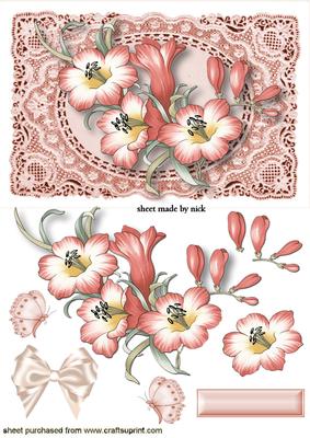 Beautiful Peach Flowers with Butterflies on Ecru Lace