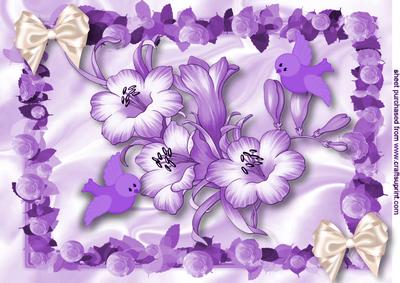 Purple Flowers in a Frame with Birds A4