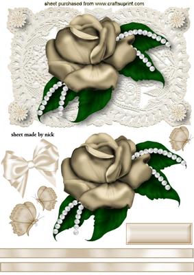 Pretty Gold Rose, on Vintage Lace with Butterflies
