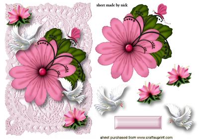 Pink Flowers on Vintage Lace with Doves