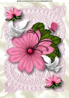 Pink Flower on Vintage Lace with Doves A4