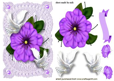 Pretty Purple Flower & White Dove on Vintage Lace