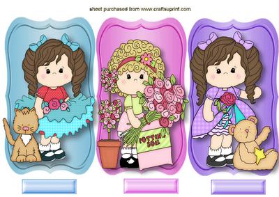Cute Little Girls with Teddy, Flowers and a Cat, Toppers