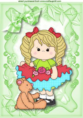 Little Girl with Teddy in Green Frame A4