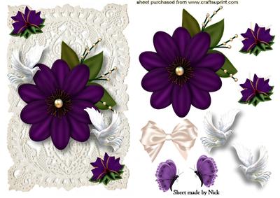 Purple Flower, White Doves, on Ecru Lace