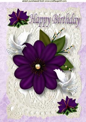 Purple Flower and White Doves, on Ecru Lace A4