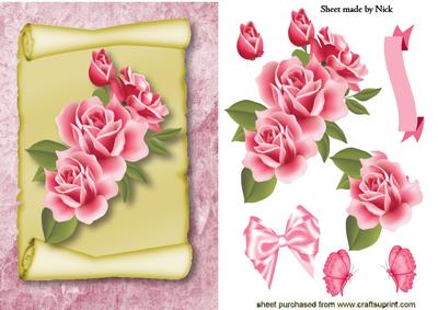 Pink Roses on a Scroll,with Butterflies