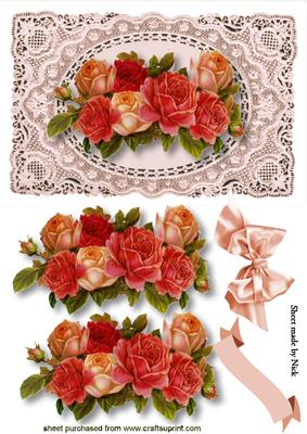 Red & Pink Roses on Ecru Lace