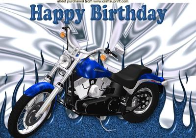 Blue Motor Bike on Blue Flames, Birthday A4