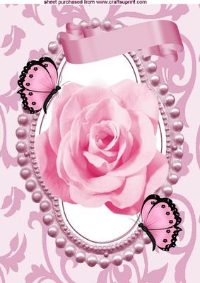 Pretty Pink Rose, in Bead Frame with Butterflies A4