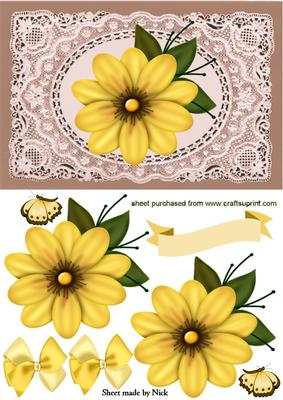 Pretty Yellow Flower on Ecru Lace with Bows