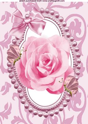 Pink Rose with Butterflies in Pink Bead Frame A4