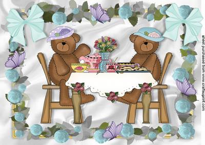 Teddies Little Tea Party in Blue Rose Frame A4