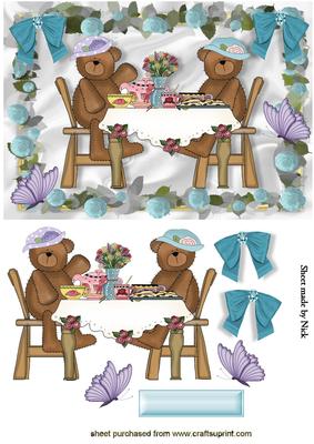 Teddies Having a Tea Party, in Blue Rose Frame