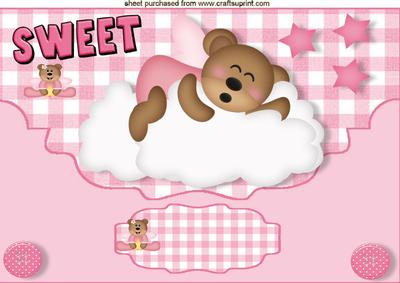Sleeping Teddy on a Cloud in Pink Scalloped Envelope A4
