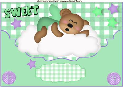 Sleeping Teddy on a Cloud in Green Scalloped Envelope