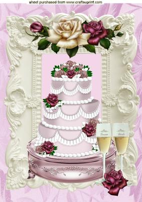 Pink Roses and Wedding Cake in Ornate Frame A4