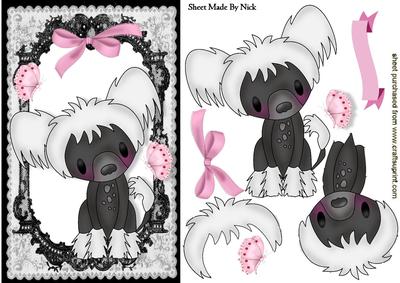 Sweet Little Puppy in Lace Frame with Pink Bow
