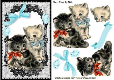 Sweet Little Kittens in Lace Frame with Bow