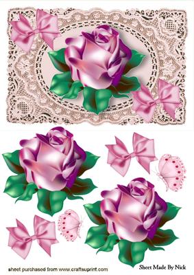 Single Pink Rose on Ecru Lace with Bows
