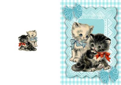 Sweet Little Kittens in Lace Frame with Blue Bows, A5