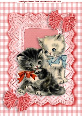 Sweet Little Kittens in Lace Frame with Red Frill Bows A4