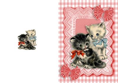 Sweet Little Kittens in Lace Frame & Red Frill Bow A5