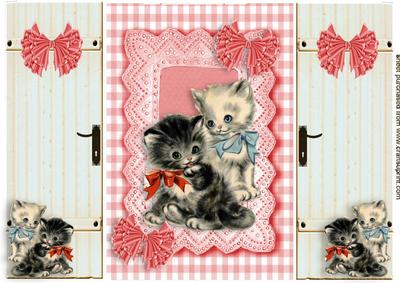 Sweet Little Kittens in Red Gingham Lace Frame, Gatefold