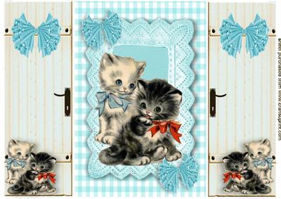 Sweet Little Kitten on Blue Gingham Lace, Gatefold