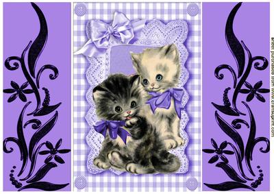 Little Kittens with Purple Gingham Lace Frame, Ornate Doors