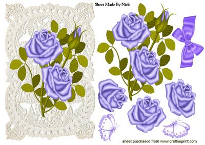 Purple Roses on Ecru Lace with Butterflies