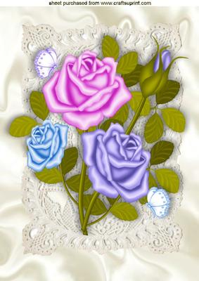 Pretty Pink, Turq, and Purple Roses on Ecru Lace A4