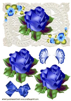 Blue Rose on Ecru Lace with Butterflies
