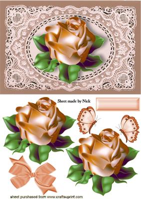 Gold Rose on Ecru Lace with Butterflies