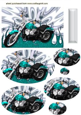 Turquiose Blue Motorbike on Silver Effect, Oval Pyramids