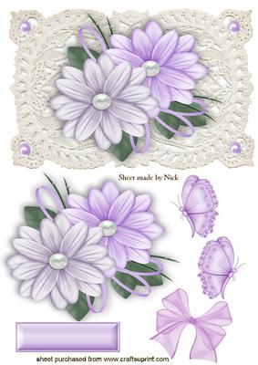 Lilac Flowers and Butterflies on Ecru Lace