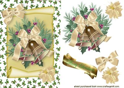 Christmas Gold Bells with Cream Bow on a Scroll