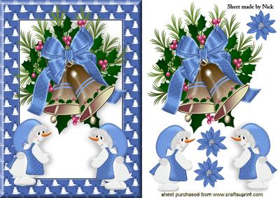 Gold Bells in Blue Frame with Snowmen