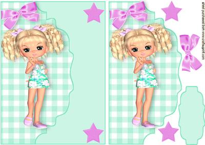 Cute Girl with Pink Bows & Stars, on Scalloped Envelope