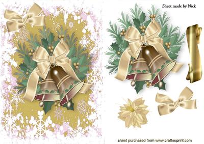 Gold Bells with Cream Bows in Snow Frame