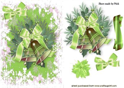 Christmas Bells with Green Bow and Holly