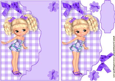 Cute Girl with Purple Bows, on Scalloped Envelope