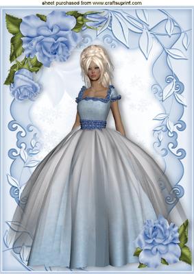 Pretty Lady in Gown with Blue Roses A4