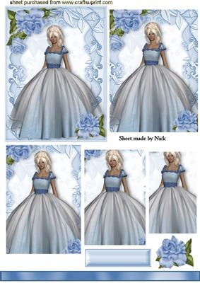 Pretty Lady in Blue Gown with Blue Roses, Pyramids