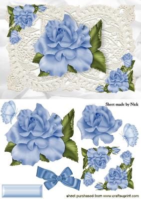 Blue Roses, Bow, & Butterflies on Vintage Lace