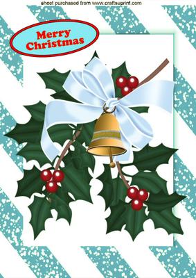Christmas Bells with Blue Bow in Striped Frame A4
