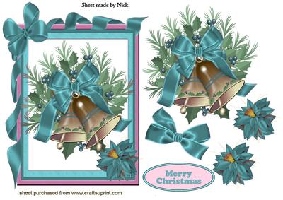 Christmas Bells in Turq/pink Ribbon Frame