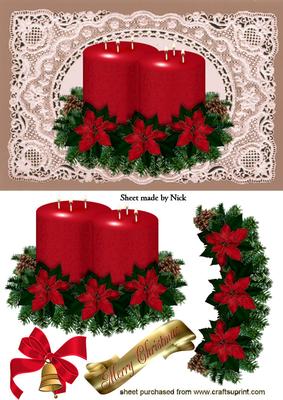Red Christmas Candle with Holly on Vintage Lace