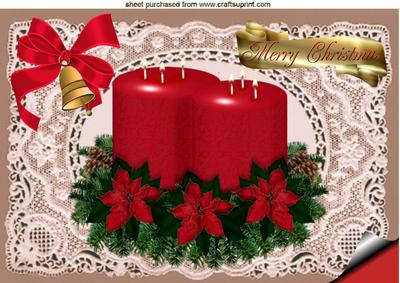 Red Christmas Candle with Holly on Vintage Lace A4