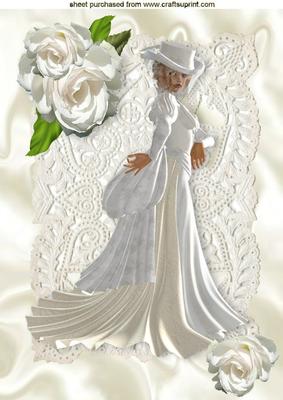 Vintage Lady in White Gown, White Roses on Lace A4